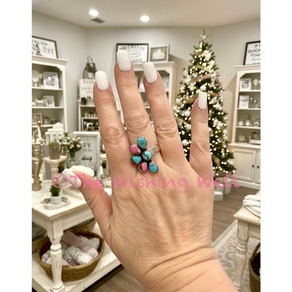 Half Cluster Cotton Candy Tirquoise Southwestern Ring Sterling Silver Size 5-10 - Picture 3 of 5